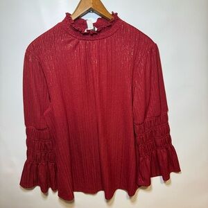 Women's C’est 1946 Small Merlot Gold Mockneck Blouse NWT Flowy Office Timeless